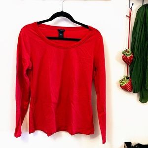 Ann Taylor Ribbon Detail Crew Neck Red Long-Sleeve T-shirt